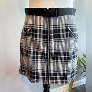 Black and White Plaid Mini Skirt with Attached Belt